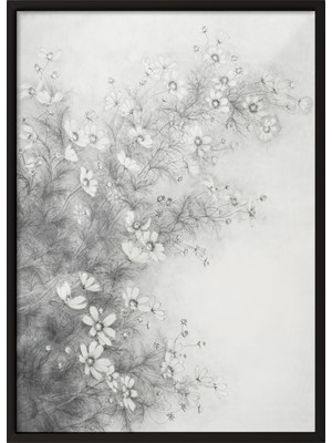 Zestia Siyah Çerçeveli Duvar Tablosu Minimal Çiçek Eskizi – Gri Tonlar Salon Dekoru