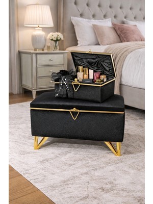 2li Deri Şeritli Siyah Çeyiz Sandığı Bohça Kutusu