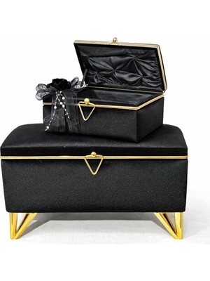 2li Deri Şeritli Siyah Çeyiz Sandığı Bohça Kutusu