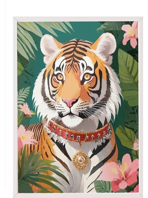 Zestia Beyaz Çerçeveli Duvar Tablosu Egzotik Kaplan Salon Dekoru