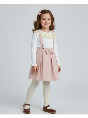 Ege Bebek Kız Çocuk Ekose Salopet Elbise Takımı – Dantelli Uzun Kollu Bluzlu, Askılı Etek Kombin (2-9 Yaş)