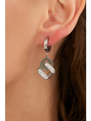 PremiumPort Kadın Çift Kare Sallantılı Zirkon Taşlı Çelik Kaplama Küpe