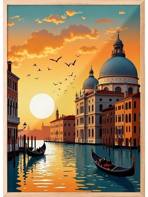 Zestia Ahşap Çerçeveli Duvar Tablosu Venedik Gün Batımı ve Gondol Manzarası Salon Dekoru