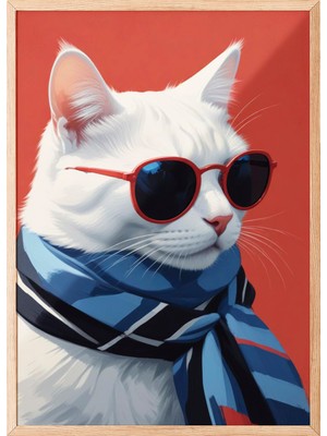 Zestia Ahşap Çerçeveli Duvar Tablosu Gözlüklü Beyaz Kedi Portresi – Mavi Atkılı Modern Stil Salon Dekoru