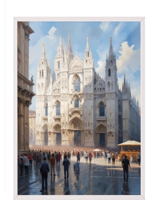 Zestia Beyaz Çerçeveli Duvar Tablosu Gotik Katedral ve Meydan Manzarası – Aydınlık Tonlar Salon Dekoru