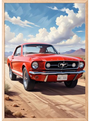 Zestia Ahşap Çerçeveli Duvar Tablosu Kırmızı Klasik Mustang – Çöl Yolu ve Açık Gökyüzü Salon Dekoru