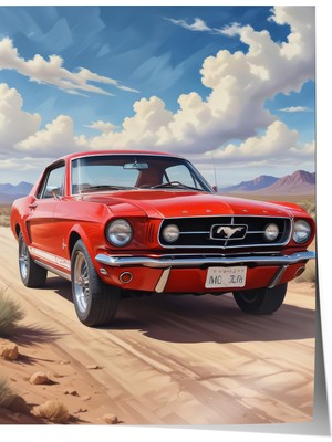 Zestia Poster Kırmızı Klasik Mustang – Çöl Yolu ve Açık Gökyüzü Salon Dekoru