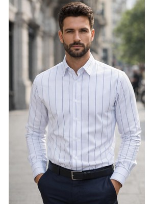 Colvıs Man Slim Fit Dar Kesim Likralı Cepsiz Çizgili Desen Hediye Kutulu Erkek Gömleği