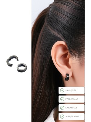 PremiumPort Sıkıştırmalı Deliksiz Siyah Çelik Kalın Halka Küpe ve Ear Cuff Seti