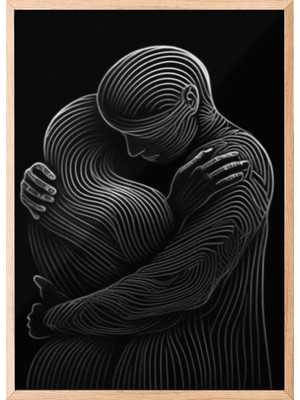 Zestia Ahşap Çerçeveli Duvar Tablosu Çizgisel Sarılma Figürü – Siyah Beyaz Minimal Kompozisyon Salon Dekoru