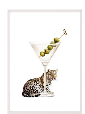 Zestia Beyaz Çerçeveli Duvar Tablosu Leoparlı Martini Illüstrasyonu – Modern Beyaz Fon Salon Dekoru