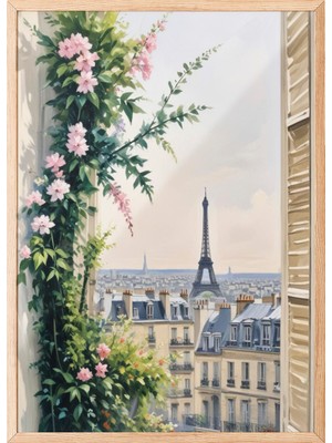Zestia Ahşap Çerçeveli Duvar Tablosu Paris Penceresi Salon Dekoru