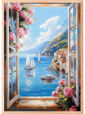 Zestia Ahşap Çerçeveli Duvar Tablosu Deniz ve Yelkenli Manzarası Salon Dekoru