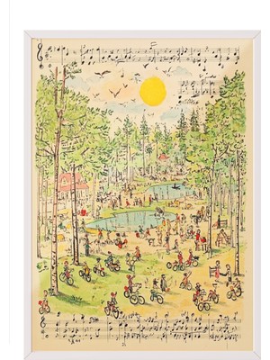 Zestia Beyaz Çerçeveli Duvar Tablosu Notalar ve Park Manzarası Çocuk Odası Dekoru