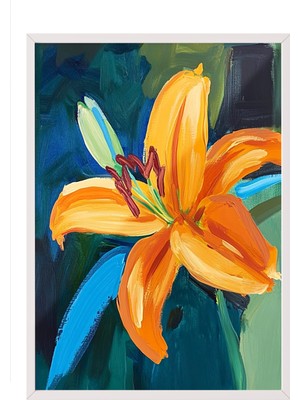 Zestia Beyaz Çerçeveli Duvar Tablosu Turuncu Zambak – Canlı Çiçek Kompozisyonu Salon Dekoru