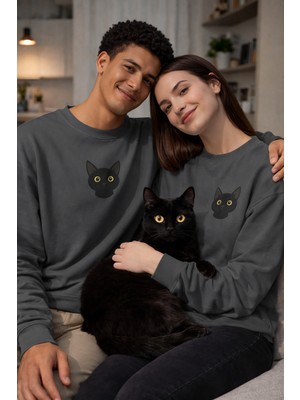 Muhtar Store Siyah Kedi Desenli Sevgili Sweatshirt – Unisex Çift Kombini