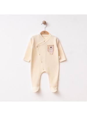 Bebeva Baby Ayıcık Nakışlı %100 Pamuk Çıtçıtlı Erkek Bebek Tulum - Bej