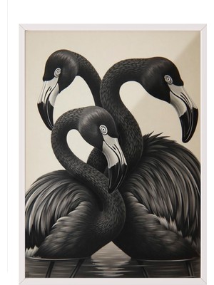 Zestia Beyaz Çerçeveli Duvar Tablosu Siyah Tonlarda Üçlü Flamingo Modern Stil Salon Dekoru