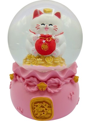 Dünyadan Hediyeler Maneki Neko Şans Kedisi Işıklı Kar Küresi Pembe 9cm