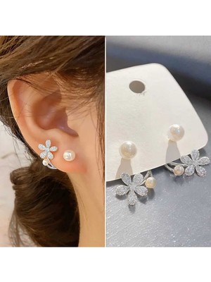 PremiumPort Zirkon Taşlı Gümüş Kaplama Çiçek Tasarım Küpe, Inci Detaylı Şıklık