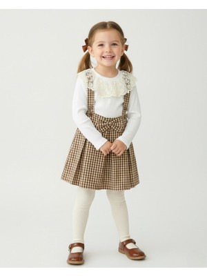Ege Bebek Kız Çocuk Ekose Salopet Elbise Takımı – Dantelli Uzun Kollu Bluzlu, Askılı Etek Kombin (2-9 Yaş)
