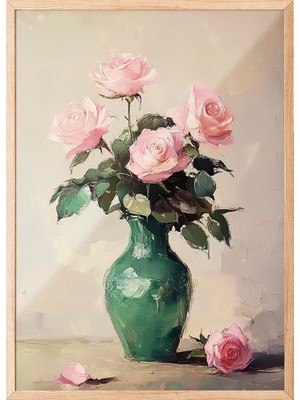 Zestia Ahşap Çerçeveli Duvar Tablosu Pembe Güller – Klasik Fırça Dokulu Salon Dekoru