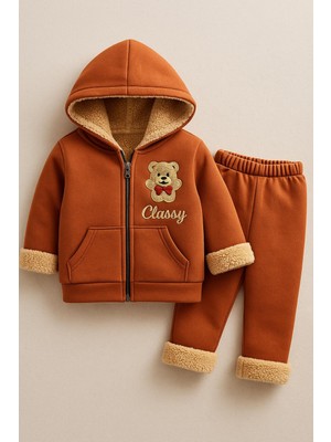 Ayıcık Detaylı Içi Yumuşak Peluşlu Çocuk Kışlık Hoodi ve Eşofman Altı Seti