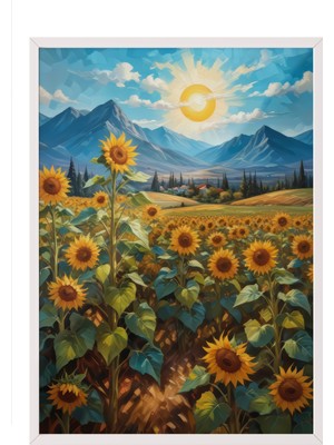 Zestia Beyaz Çerçeveli Duvar Tablosu Ayçiçeği Tarlası ve Dağ Manzarası – Sıcak Gün Işığı Salon Dekoru