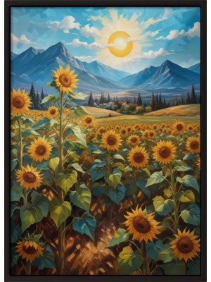 Zestia Siyah Çerçeveli Duvar Tablosu Ayçiçeği Tarlası ve Dağ Manzarası – Sıcak Gün Işığı Salon Dekoru