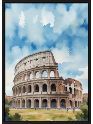 Zestia Siyah Çerçeveli Duvar Tablosu Roma Kolezyumu – Suluboya Mavi Gökyüzü Tonları Salon Dekoru
