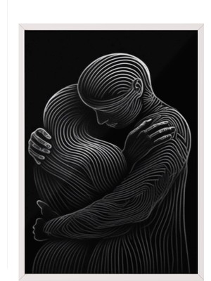 Zestia Beyaz Çerçeveli Duvar Tablosu Çizgisel Sarılma Figürü – Siyah Beyaz Minimal Kompozisyon Salon Dekoru