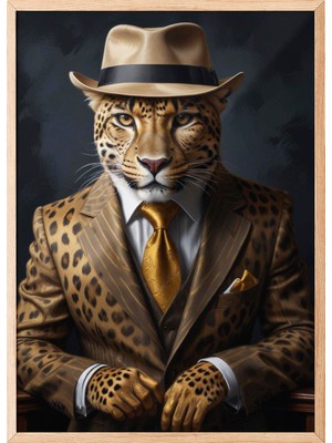 Zestia Ahşap Çerçeveli Duvar Tablosu Altın Takımlı Leopar Portresi – Şapkalı Modern Stil Salon Dekoru