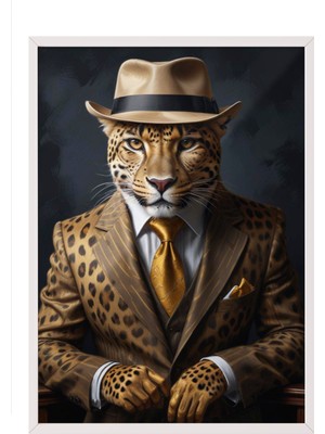 Zestia Beyaz Çerçeveli Duvar Tablosu Altın Takımlı Leopar Portresi – Şapkalı Modern Stil Salon Dekoru