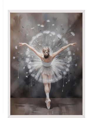 Zestia Beyaz Çerçeveli Duvar Tablosu Zarif Balerin Silueti – Uçuşan Karahindiba Detayları Salon Dekoru