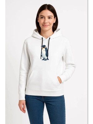 Velmora Fashion Kadın Oversize Hoodie - Sırt Baskılı "survivor Penguin" Temalı, Felsefi Yazılı Kapüşonlu Sweatshirt - Beyaz