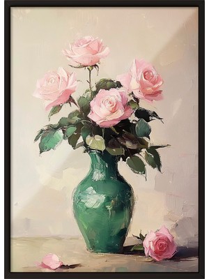 Zestia Siyah Çerçeveli Duvar Tablosu Pembe Güller – Klasik Fırça Dokulu Salon Dekoru