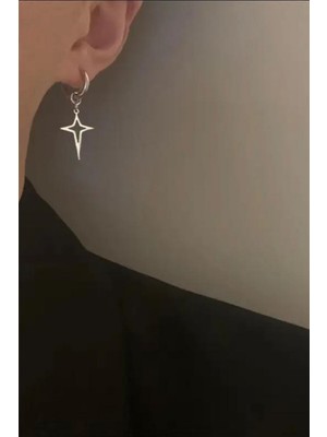 PremiumPort Parlak Gümüş Kuzey Yıldızı Sallantılı Çelik Halka Küpe