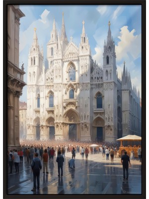 Zestia Siyah Çerçeveli Duvar Tablosu Gotik Katedral ve Meydan Manzarası – Aydınlık Tonlar Salon Dekoru