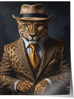Zestia Poster Altın Takımlı Leopar Portresi – Şapkalı Modern Stil Salon Dekoru