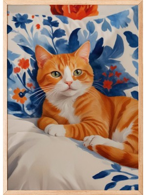 Zestia Ahşap Çerçeveli Duvar Tablosu Rahat Kedi Salon Dekoru