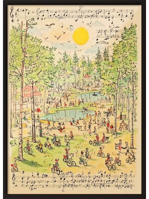 Zestia Siyah Çerçeveli Duvar Tablosu Notalar ve Park Manzarası Çocuk Odası Dekoru