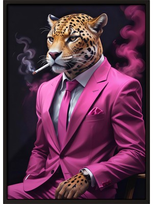 Zestia Siyah Çerçeveli Duvar Tablosu Pembe Takımlı Leopar – Duman Efekti Salon Dekoru