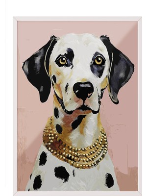 Zestia Beyaz Çerçeveli Duvar Tablosu Altın Tasmalı Köpek Ofis Dekoru