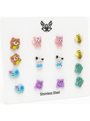 PremiumPort Çocuklar Için Renkli Çelik Kedi, Köpek, Ayıcık, Arı, Fil ve Dinozor Küpe Seti