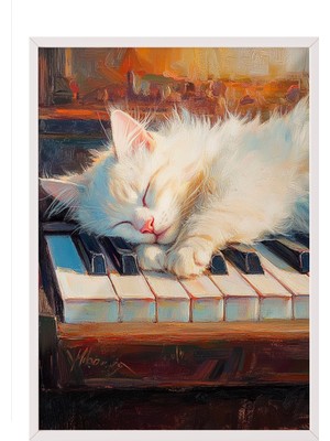 Zestia Beyaz Çerçeveli Duvar Tablosu Uyuyan Kedi Illüstrasyonu Salon Dekoru