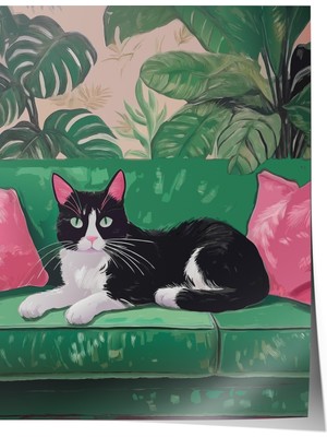 Zestia Poster Botanik Koltukta Kedi – Yeşil Tonlar Salon Dekoru