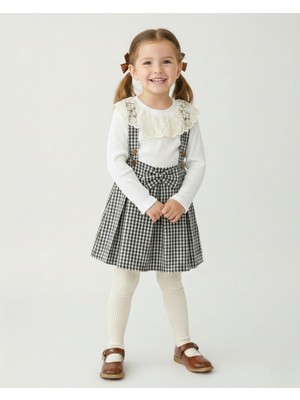 Ege Bebek Kız Çocuk Ekose Salopet Elbise Takımı – Dantelli Uzun Kollu Bluzlu, Askılı Etek Kombin (2-9 Yaş)