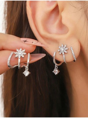 PremiumPort Parlak Gümüş Renk Çoklu Sallantılı Taşlı Küpe Seti