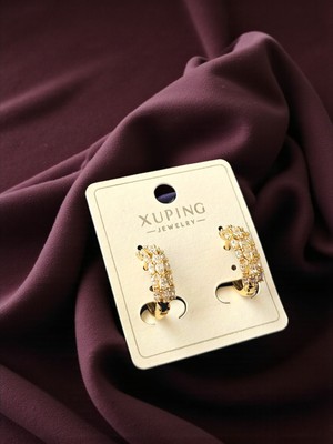 PremiumPort Parlak 18K Altın Renk Sıralı Zirkon Taşlı Halka Küpe