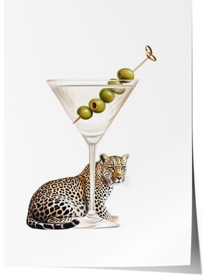 Zestia Poster Leoparlı Martini Illüstrasyonu – Modern Beyaz Fon Salon Dekoru